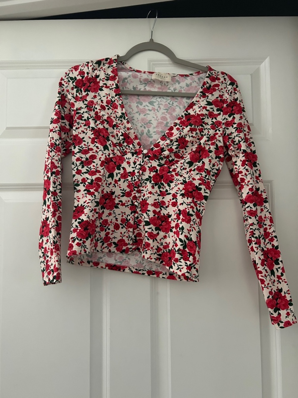 Sezane Red and White Floral Long-Sleeve Cardigan